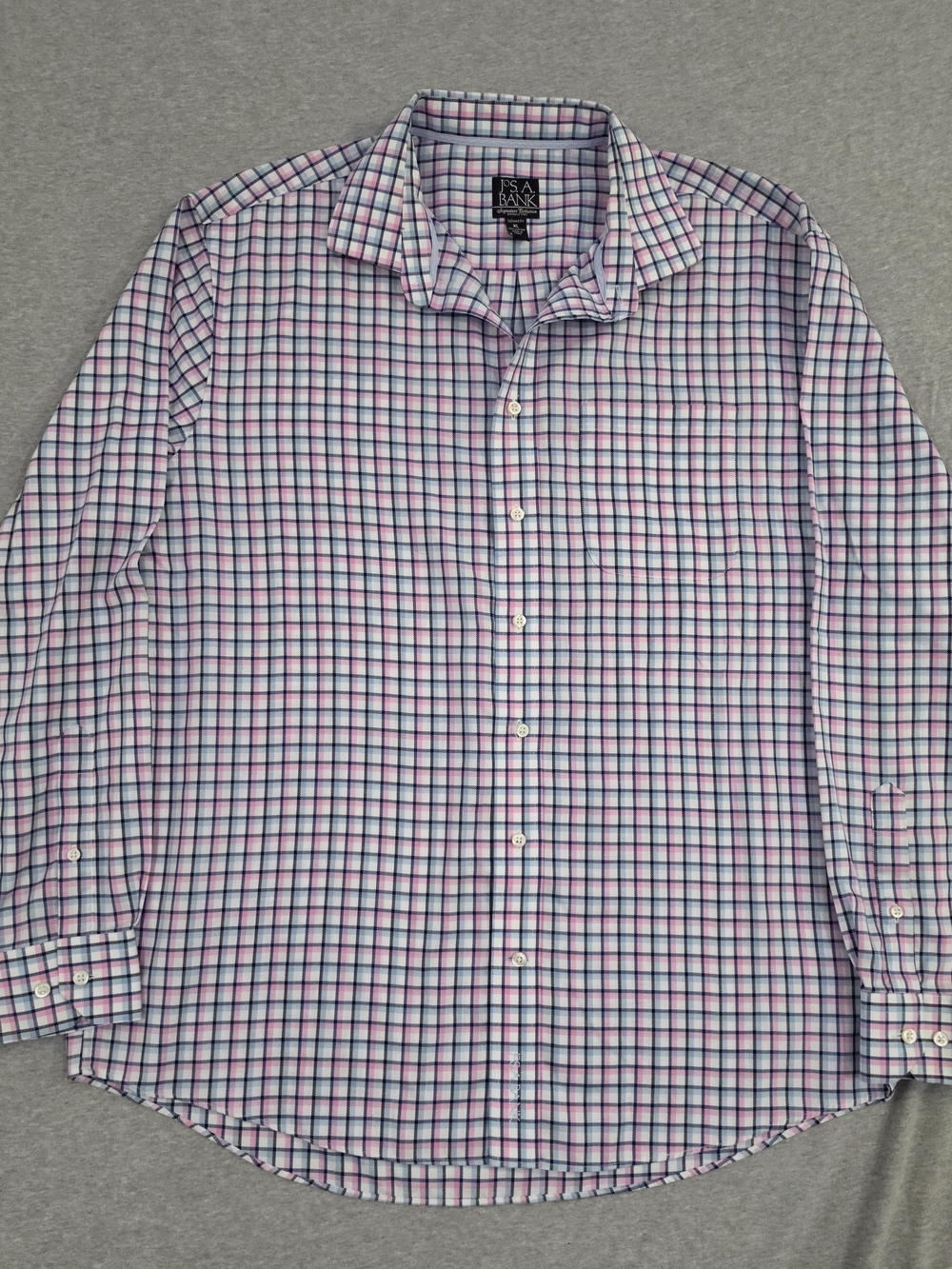 Jos. A. Bank Menโs Pink & Blue Checked Long Sleeve Dress Shirt Size XL